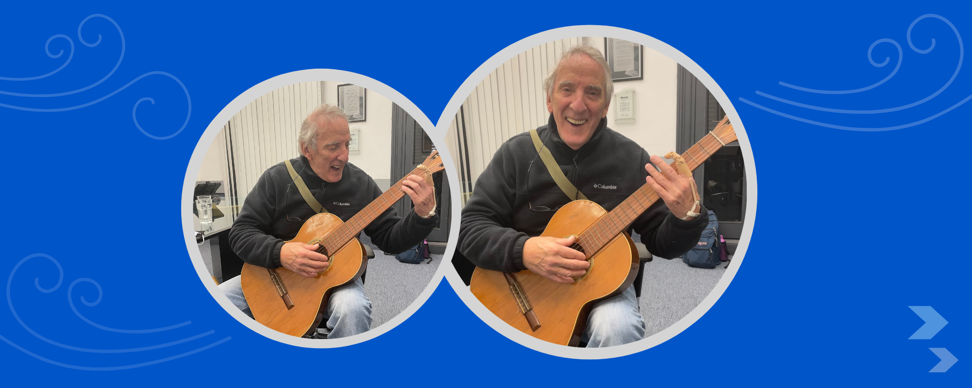 Retrato de Pether tocando la guitarra con su dedo de impresión 3D